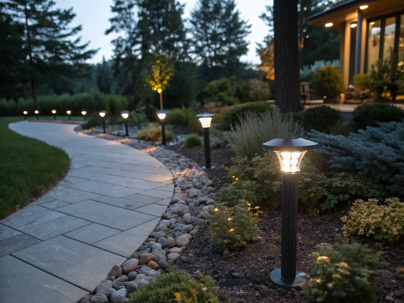 Smart LED path lights illuminating garden walkway